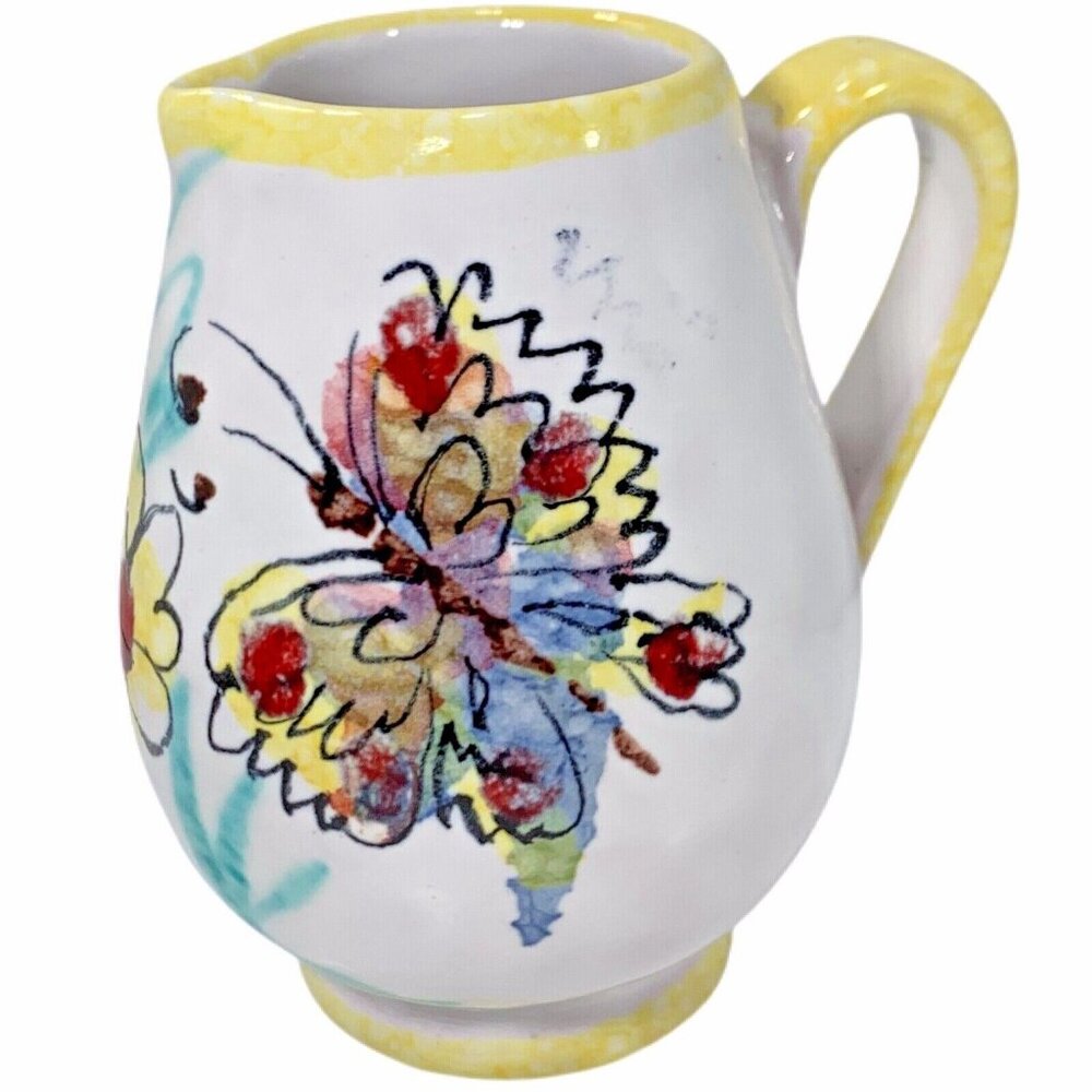 Vtg Italian Creamer Pitcher Hand Painted Ceramic Butterfly Floral Signed Italy